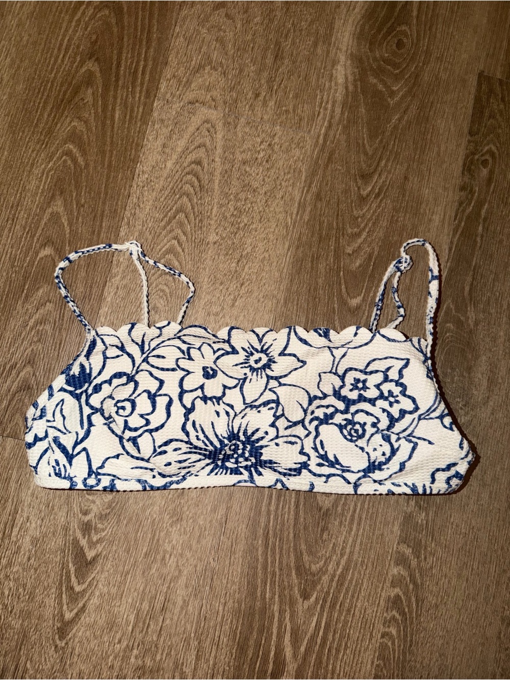 Aerie Blue and White Floral Scalloped Bikini Top